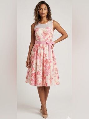 NWT Robbie Bee Retro Floral Dress Pink White Sleeveless Feminine 12